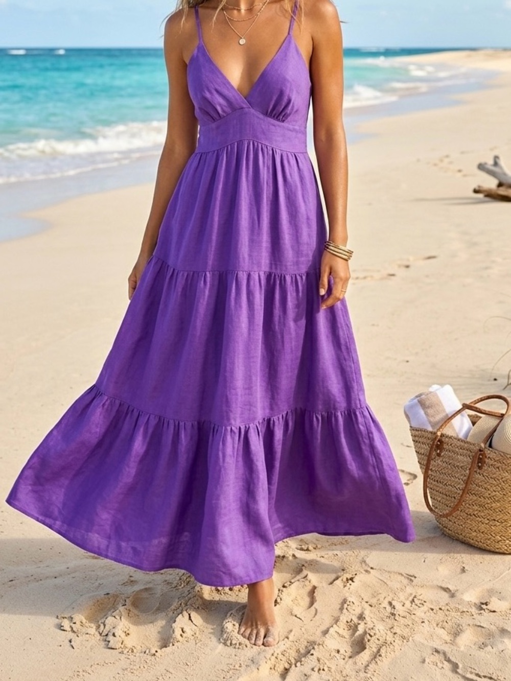 Lusana Rachel 100% Linen Purple Maxi Tiered Dress Resort Beach Women size S/M